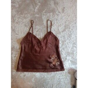 Vtg Babydoll Cami Top Women (12/14) Brown Lingerie 90s Y2k Coquette Bow Flower